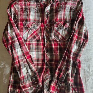 Men's Small ELY 1878 Red Plaid Pearl Snap Long Sleeve